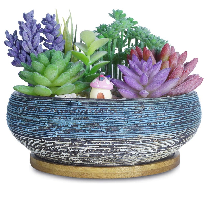 ARTKETTY Succulent Pots, 8 Inch Large Succulent Planters with Drainage Ceramic Bonsai Pot with Tray for Indoor Outdoor Plants Garden Decorative Cactus Flower Plant Container Bowl - Image 1